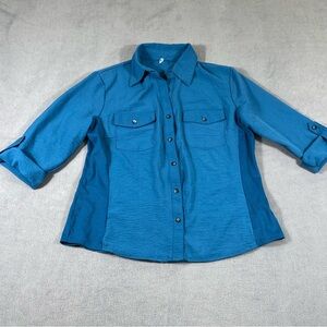 3rd + Malt Women’s Blue Texture Button-Up Shirt, 3/4 roll tab sleeves, pocket, L
